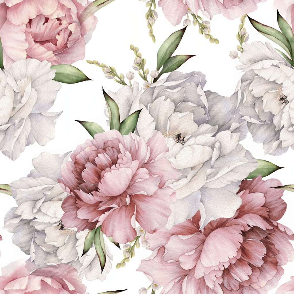 Bujori roz-crem pe alb — design complet