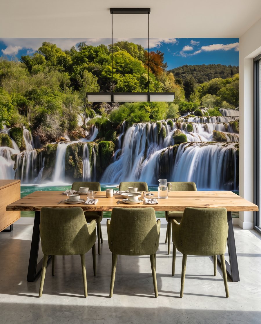 Bazin verde sub cascade într-un interior