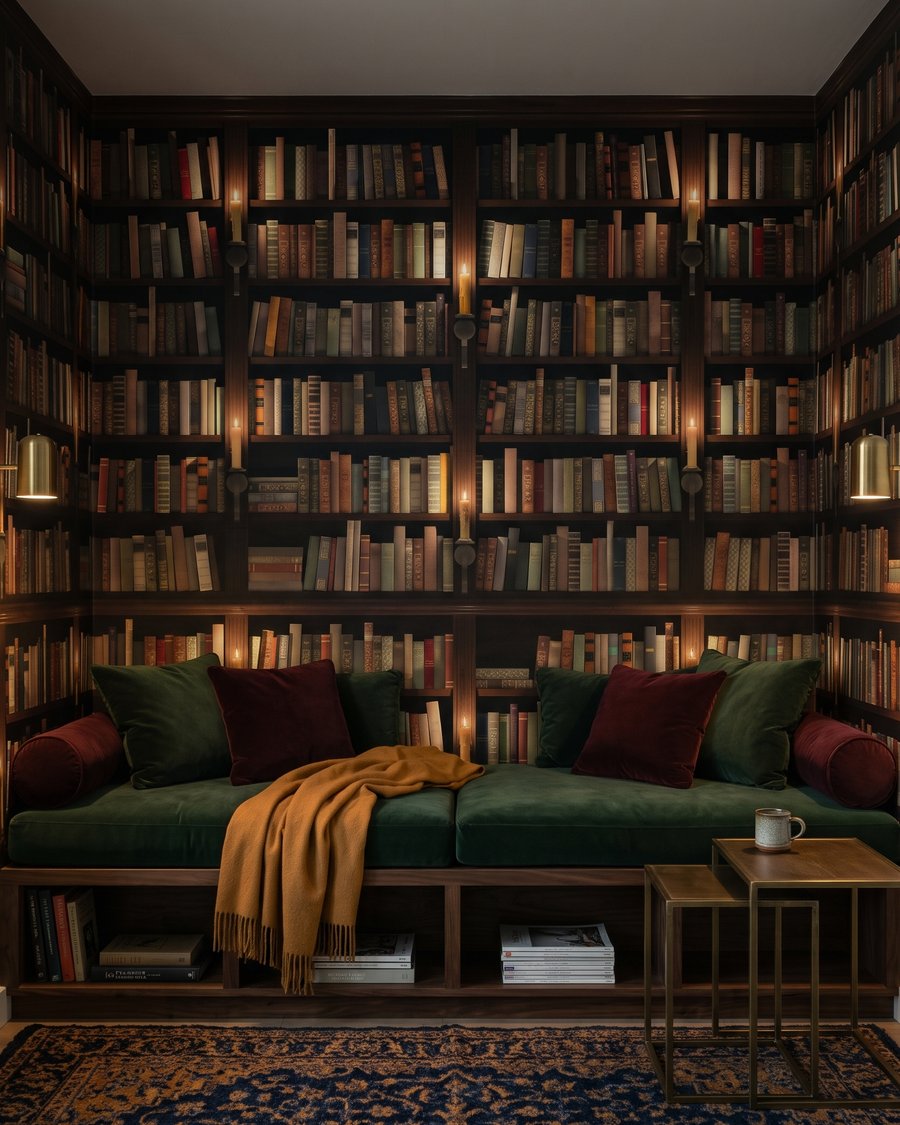 Bibliotecă în umbră caldă — interior 1