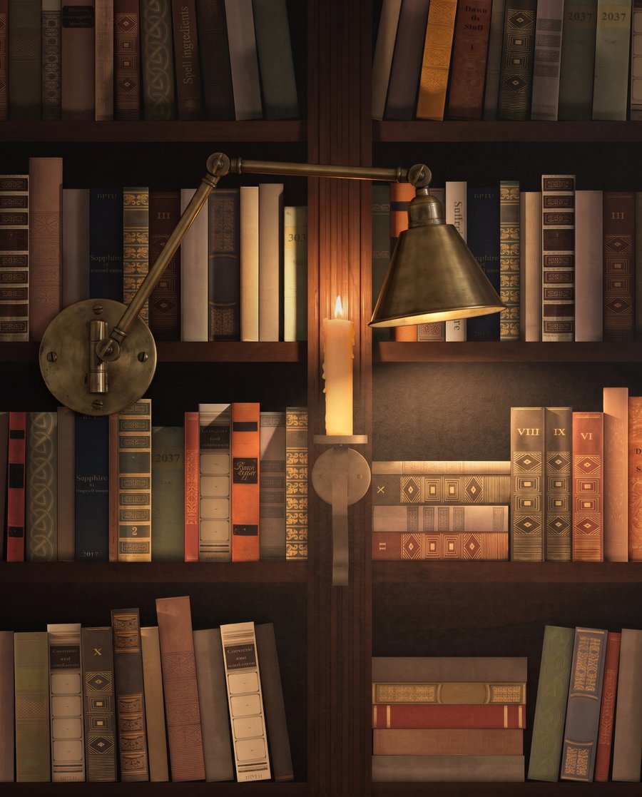Bibliotecă în umbră caldă — detaliu
