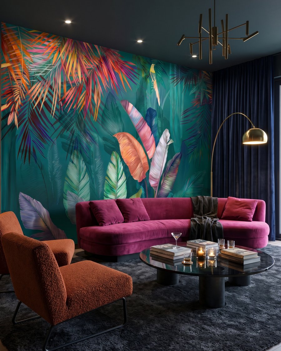 Frunze tropicale colorate într-un interior
