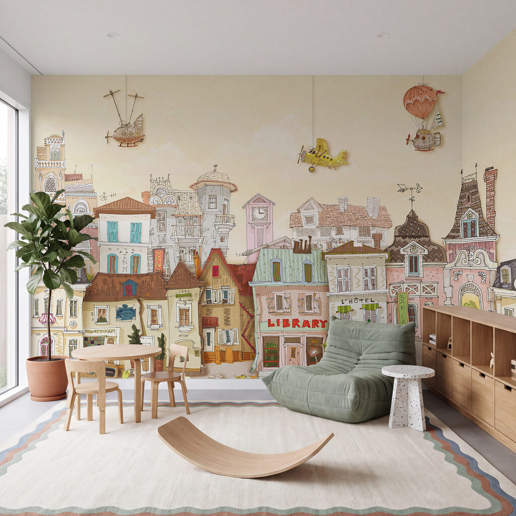 Case colorate și baloane într-un interior
