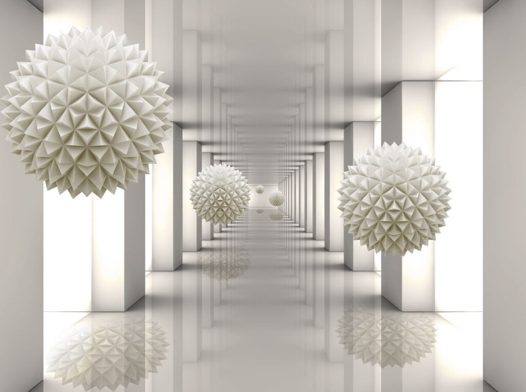 Sfere albe în coridor — design complet