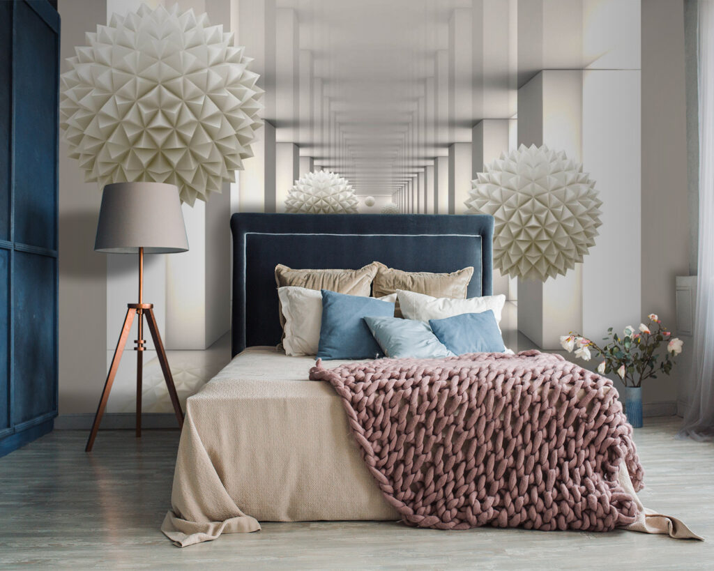 Sfere albe în coridor — interior 1
