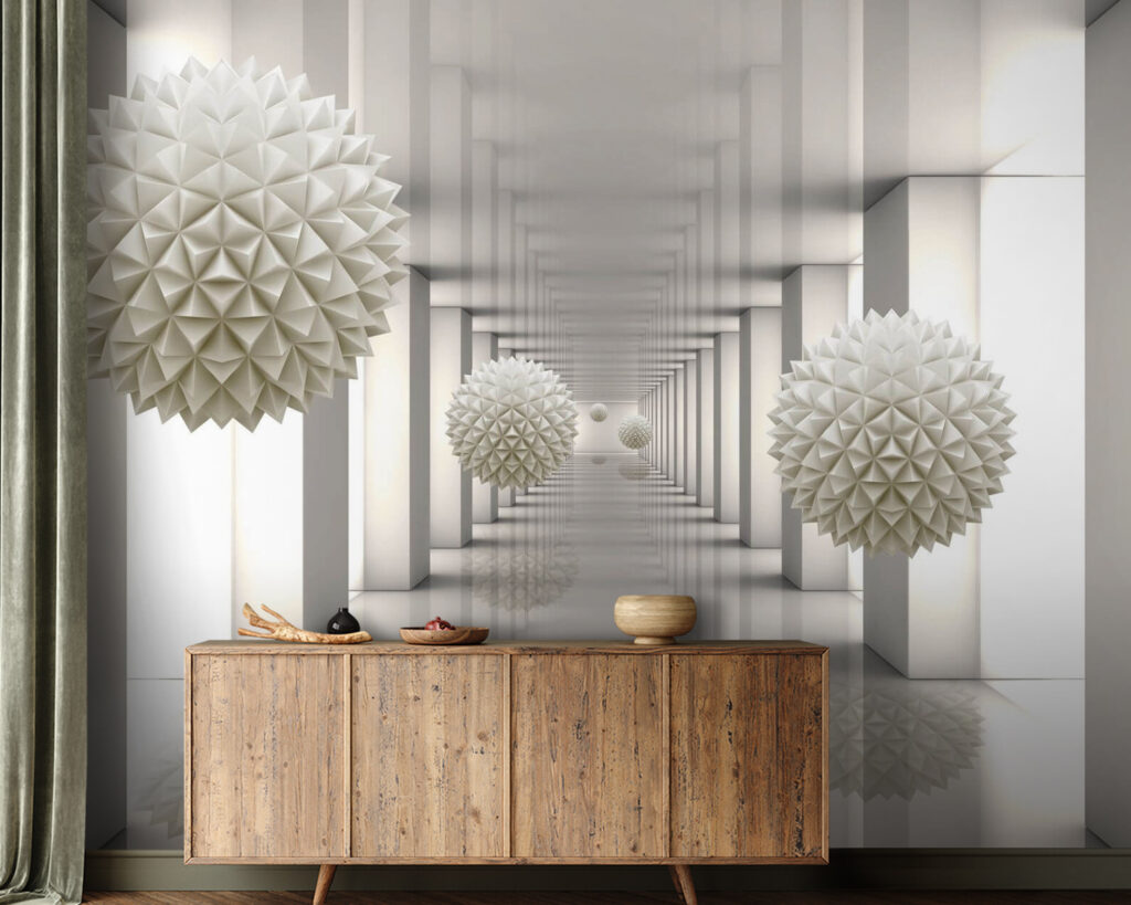 Sfere albe în coridor — interior 2