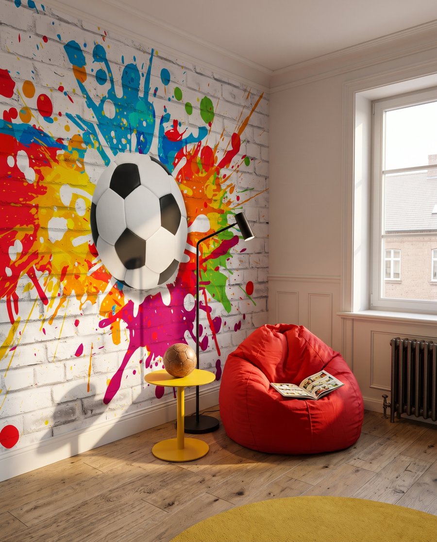 Fotbal între stropi colorați într-un interior