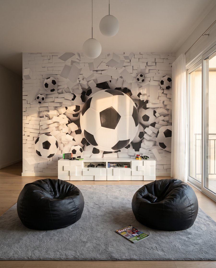 Fotbal prin zidul alb într-un interior