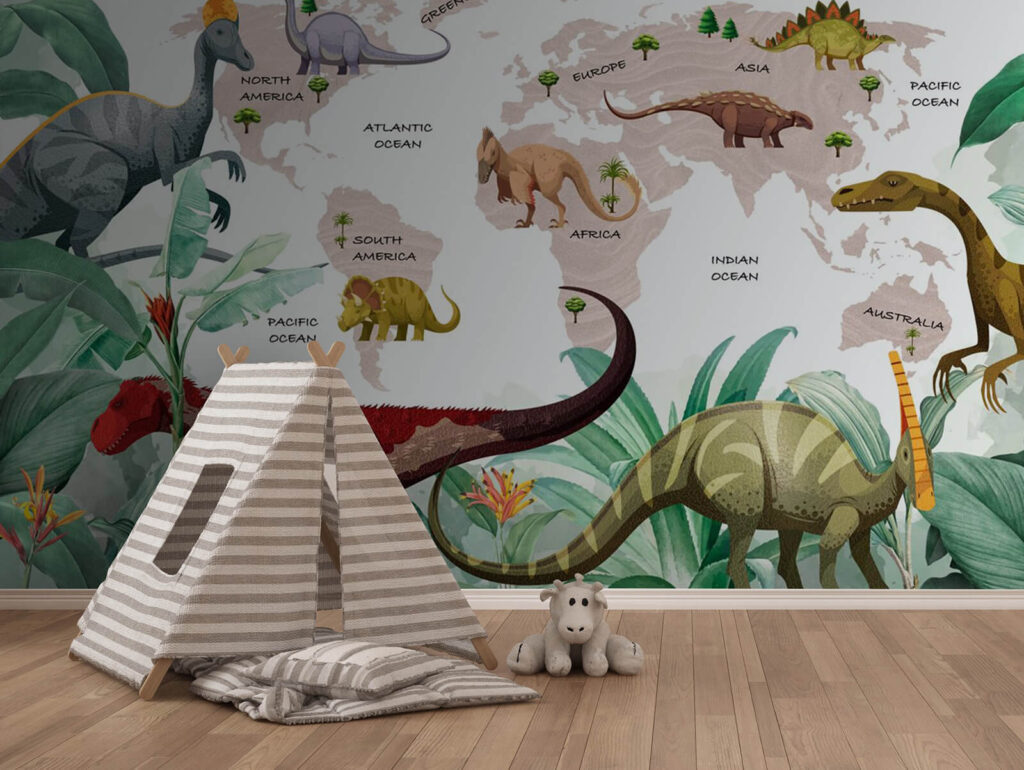 Dinozauri în fața hărții într-un interior