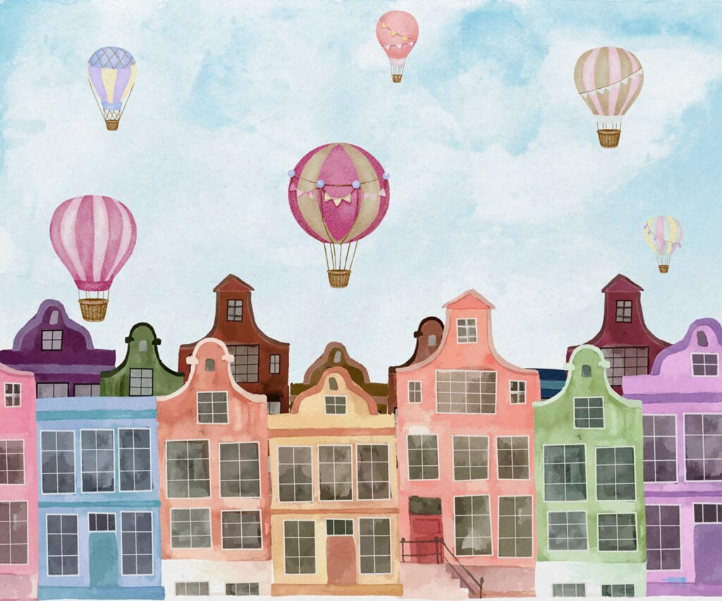 Baloane peste case colorate — design complet