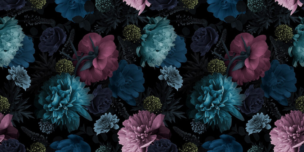 Flori albastre pe negru — design complet