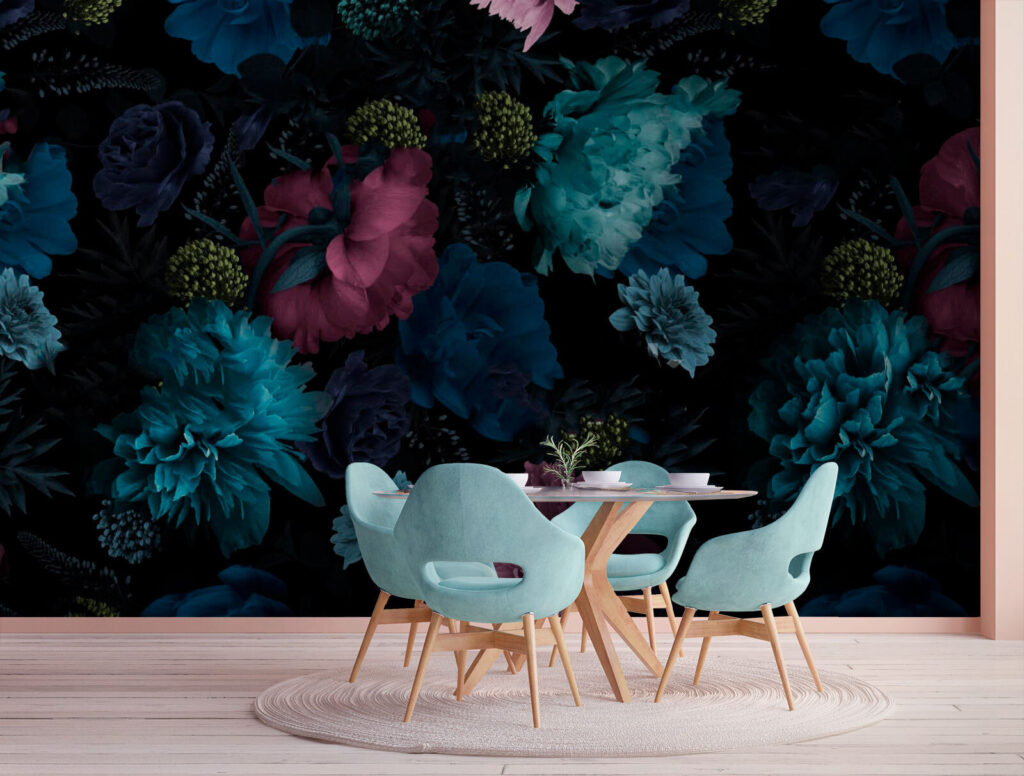 Flori albastre pe negru — interior 1