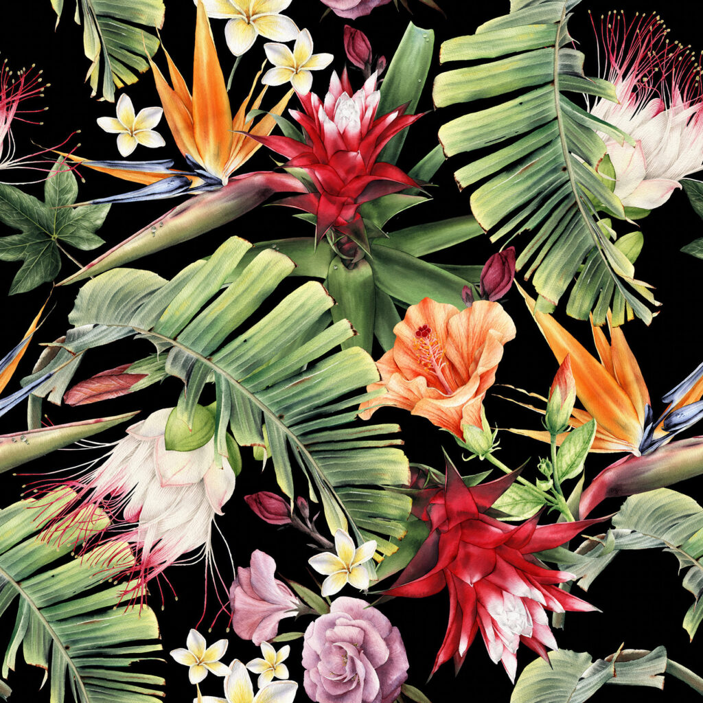Flori tropicale pe negru — design complet