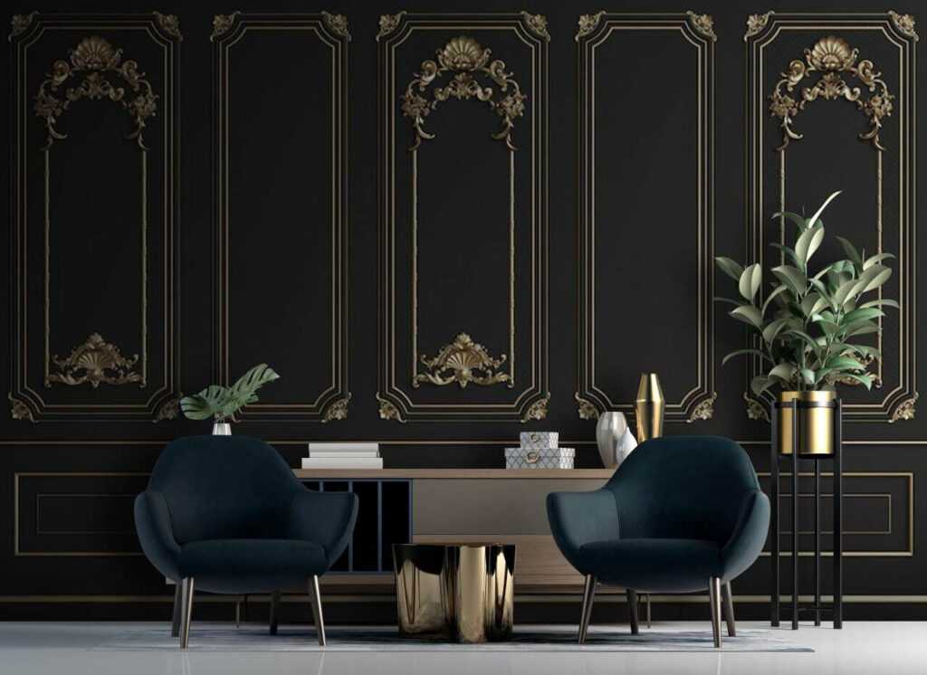 Ornamente aurii pe negru într-un interior