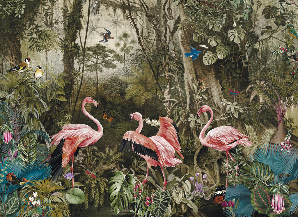 Flamingi printre trunchiuri — design complet
