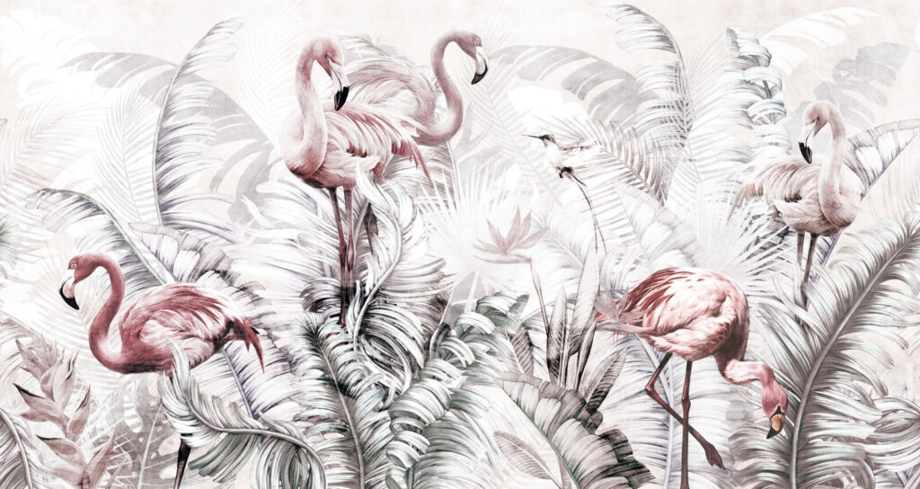 Flamingi printre crengi gri — design complet