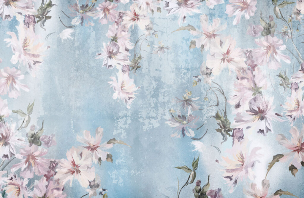 Flori roz, albastru texturat — design complet