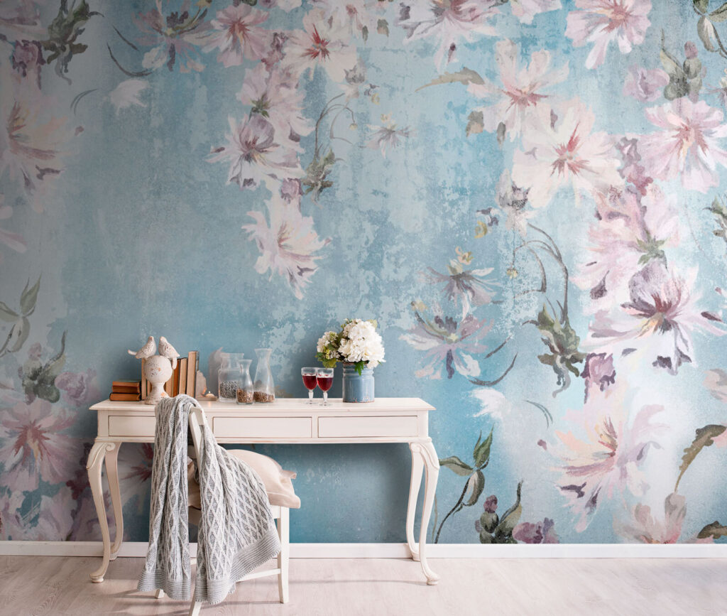 Flori roz, albastru texturat — interior 1