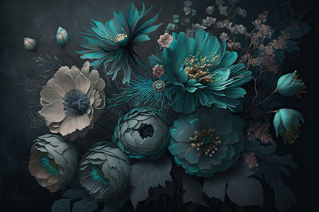 Flori albastru-verzui pe verde — design complet