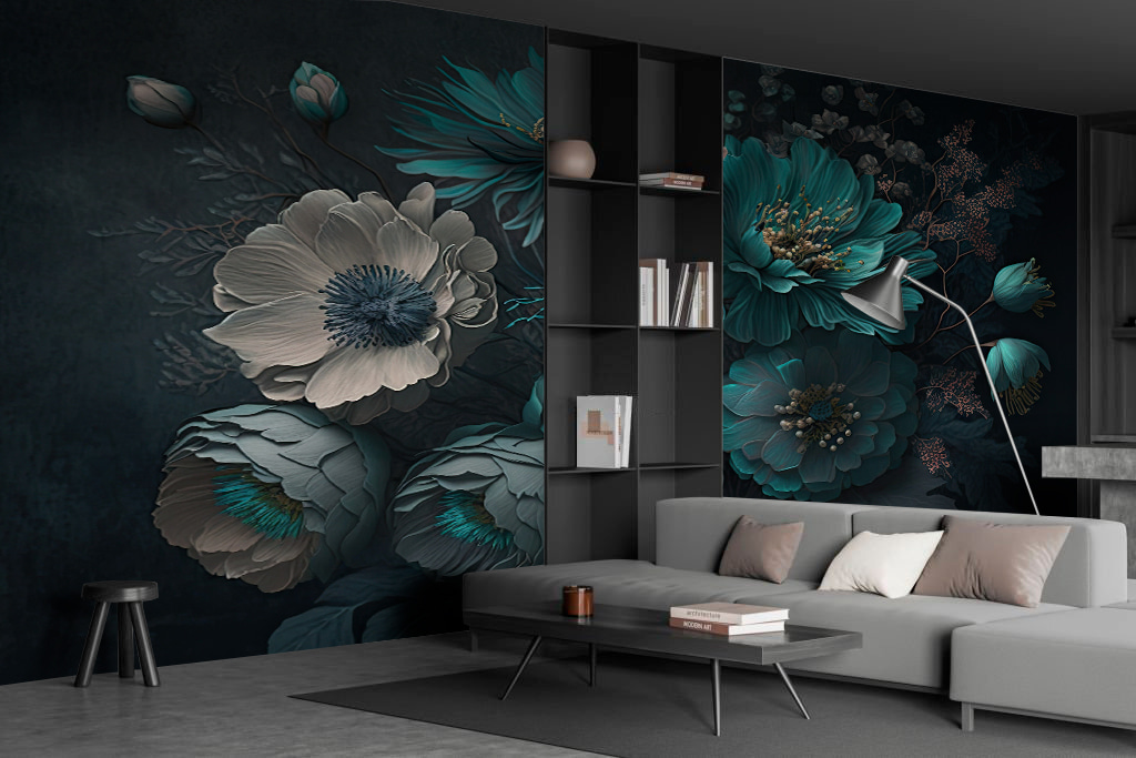 Flori albastru-verzui pe verde — interior 1
