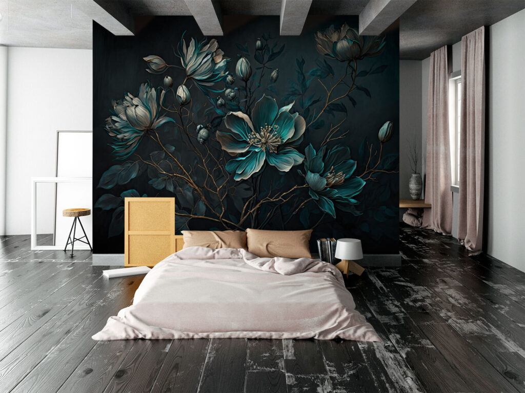 Flori turcoaz pe tulpini — interior 1