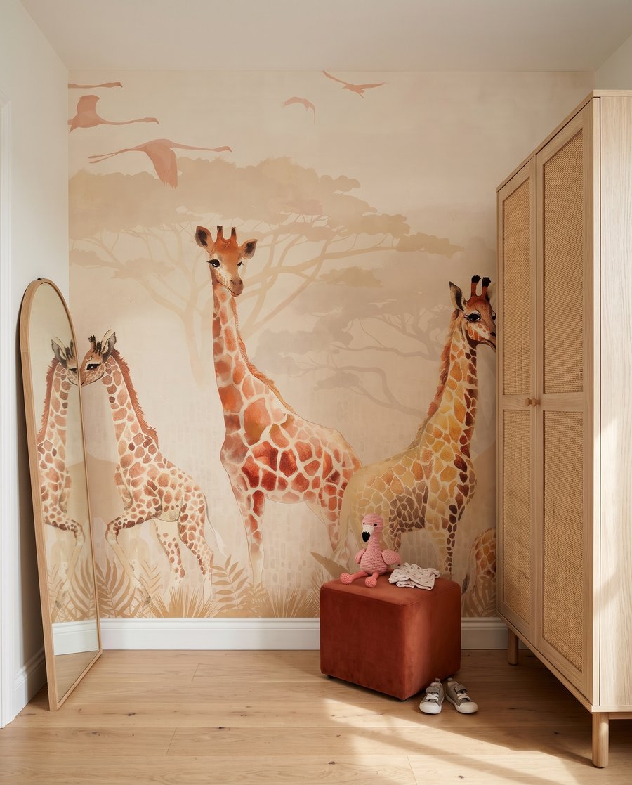 Girafe în ceața dimineții într-un interior