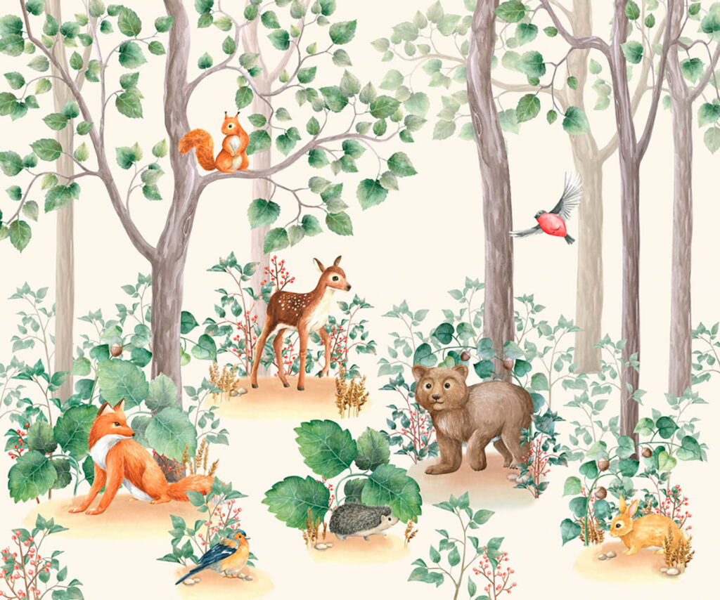 Animale între trunchiuri verzi — design complet