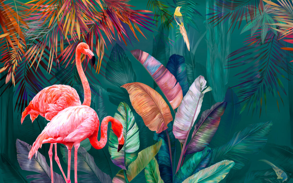 Flamingi în grădină colorată — design complet