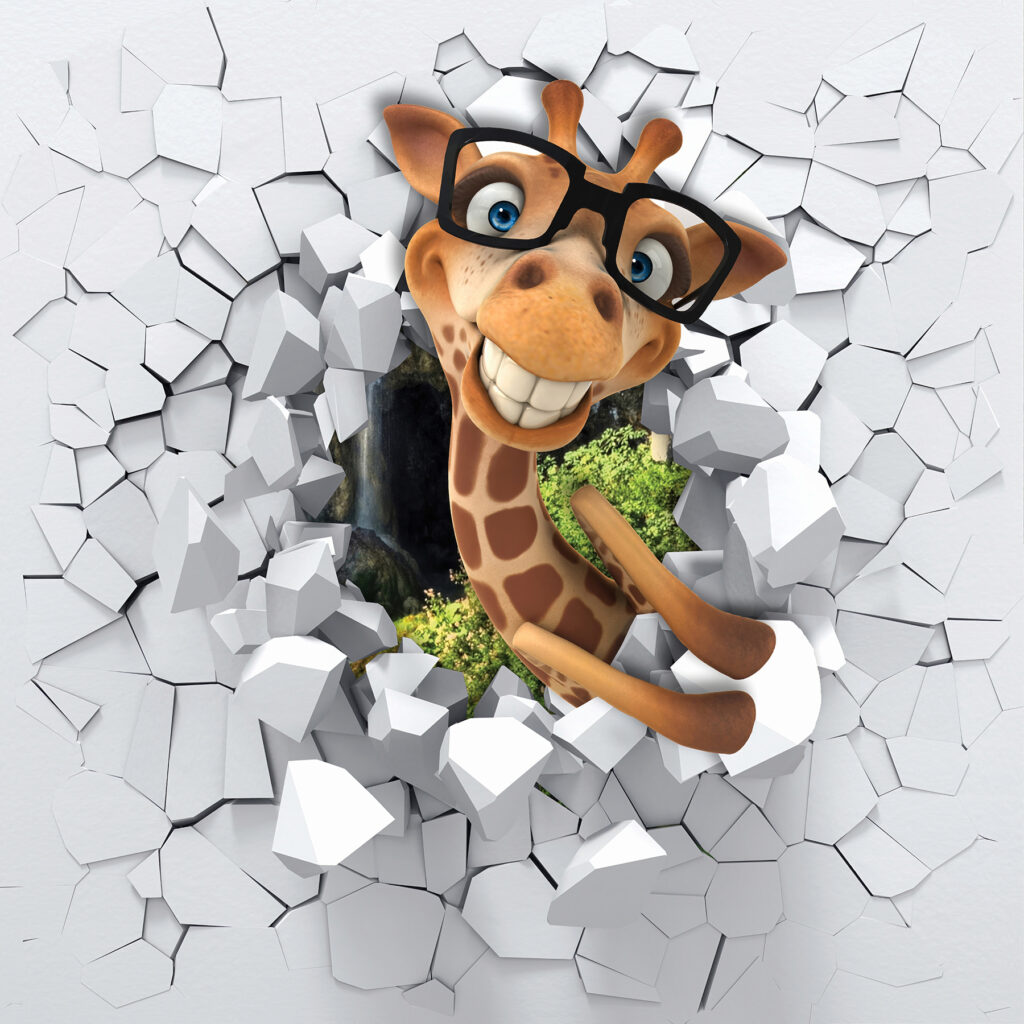 Girafă prin zidul spart — design complet