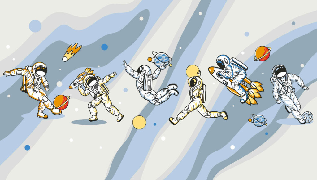 Astronauți în joacă — design complet