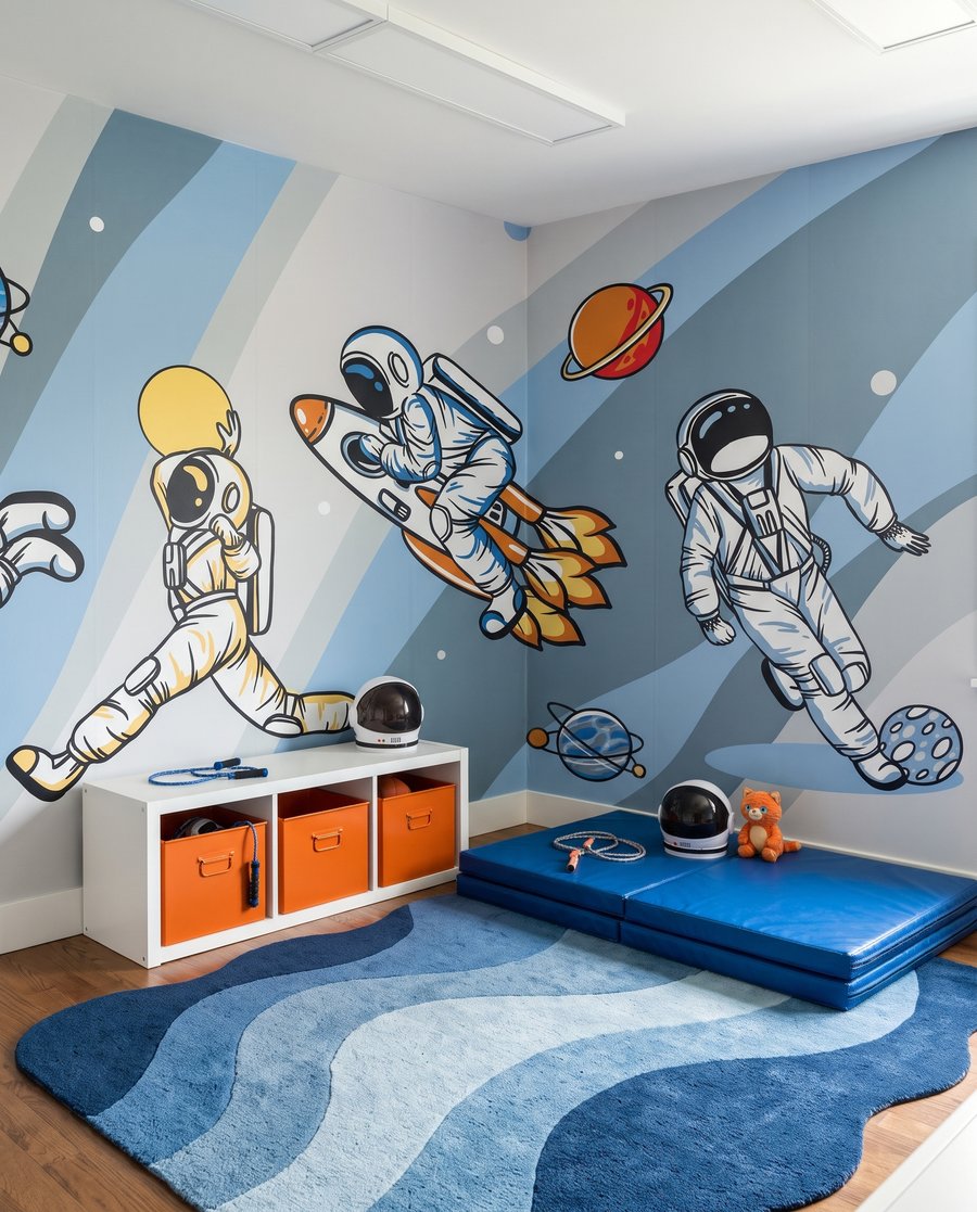 Astronauți în joacă într-un interior