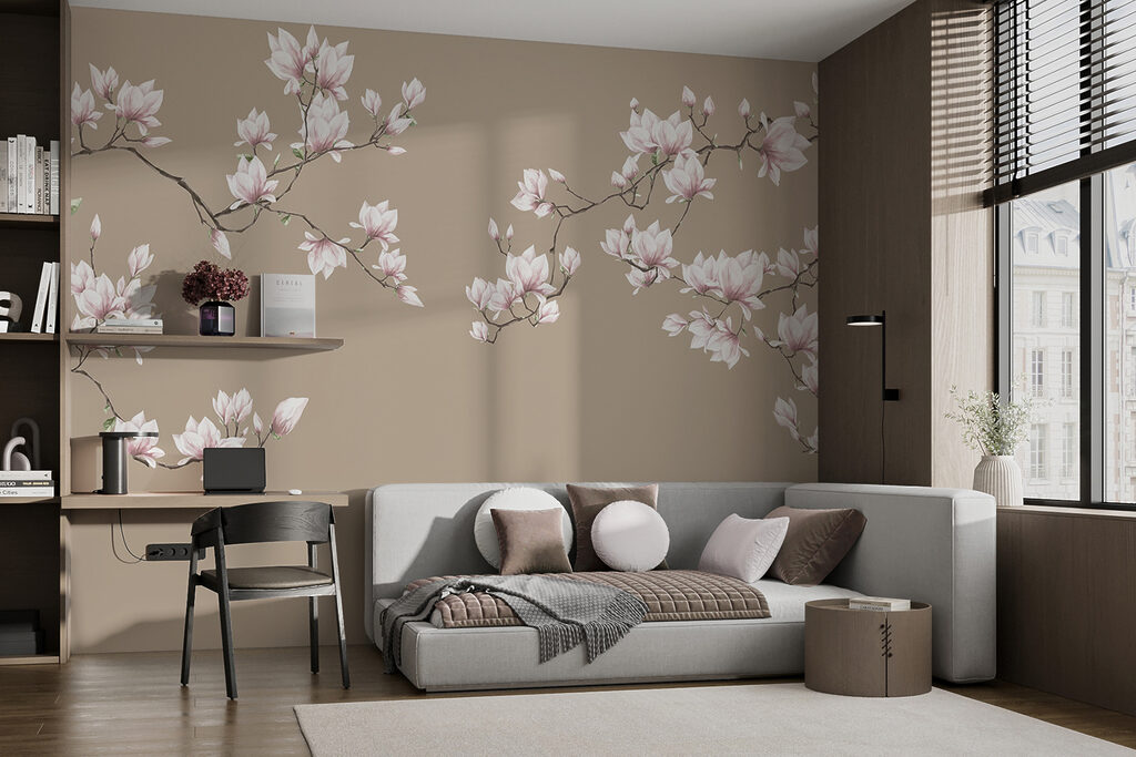 Magnolie roz pe taupe — interior 4