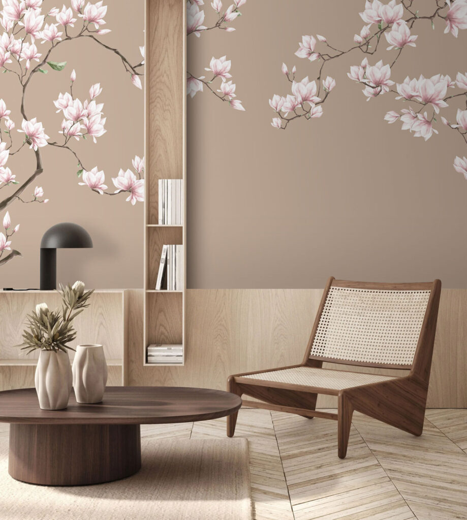 Magnolie roz pe taupe — interior 1