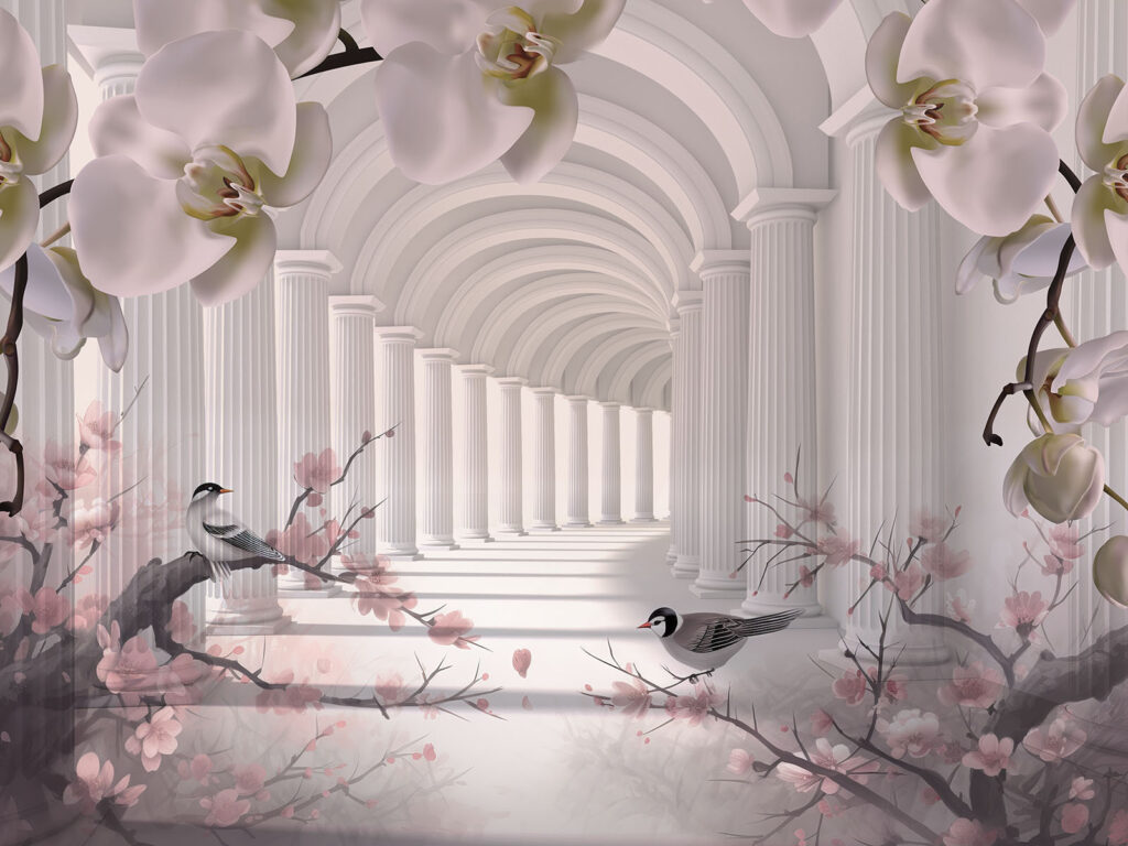 Păsărele sub arcade florale — design complet