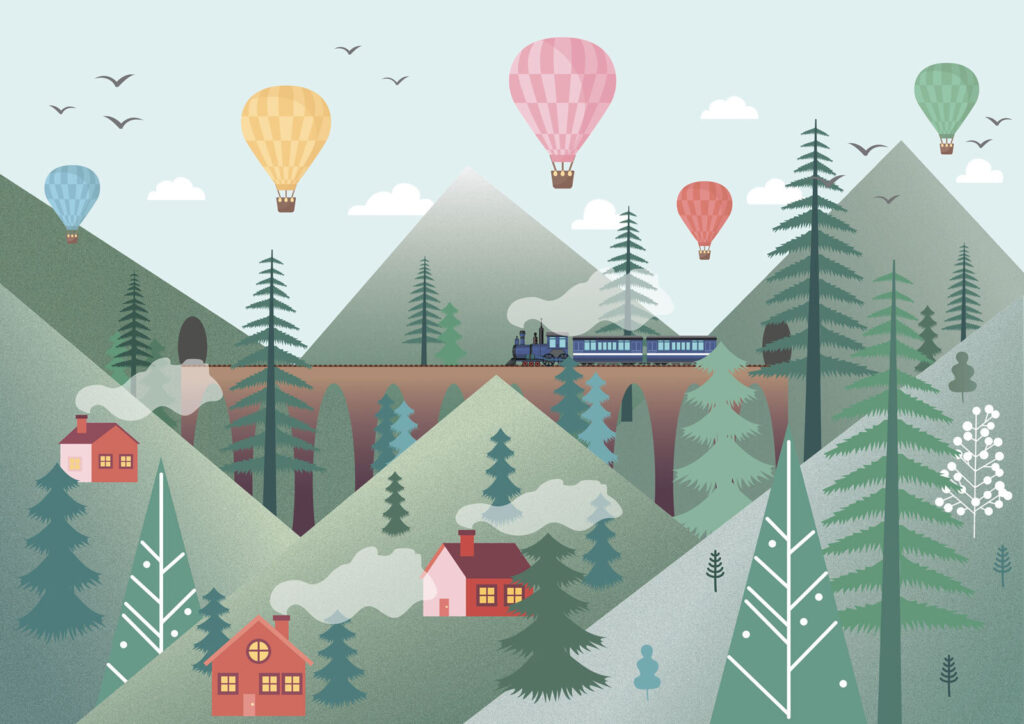 Tren sub baloane colorate — design complet