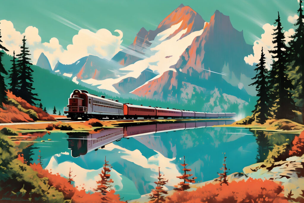 Tren lângă lacul montan — design complet
