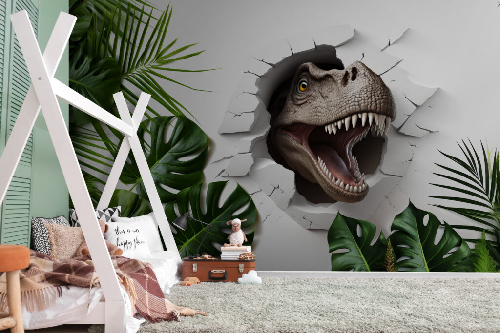 Dinozaur printre frunze într-un interior