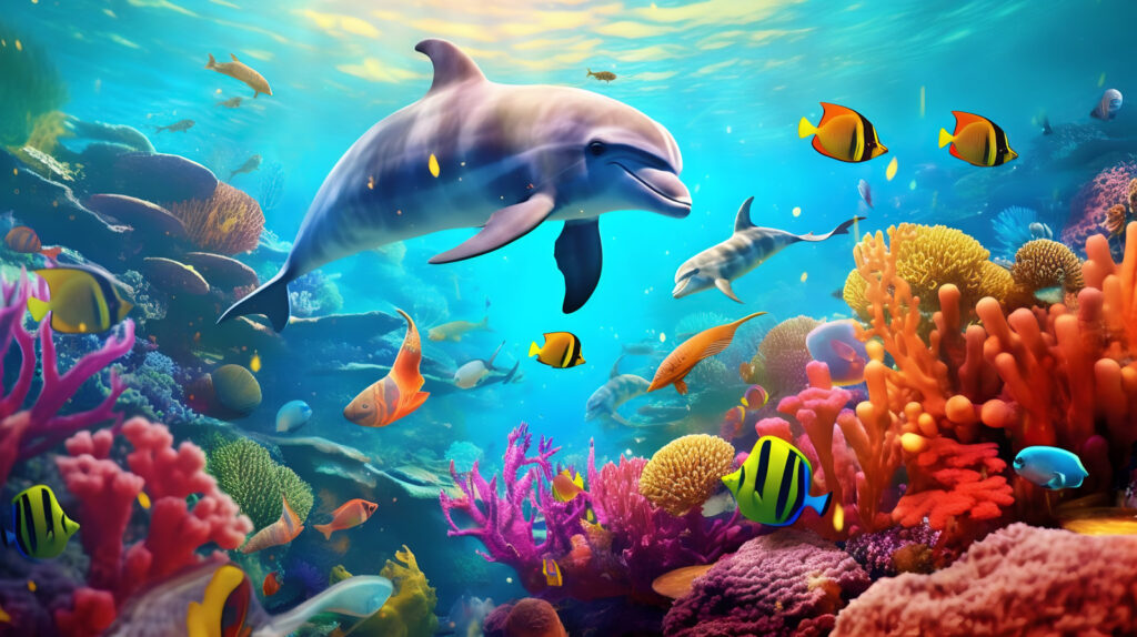Delfin printre corali — design complet