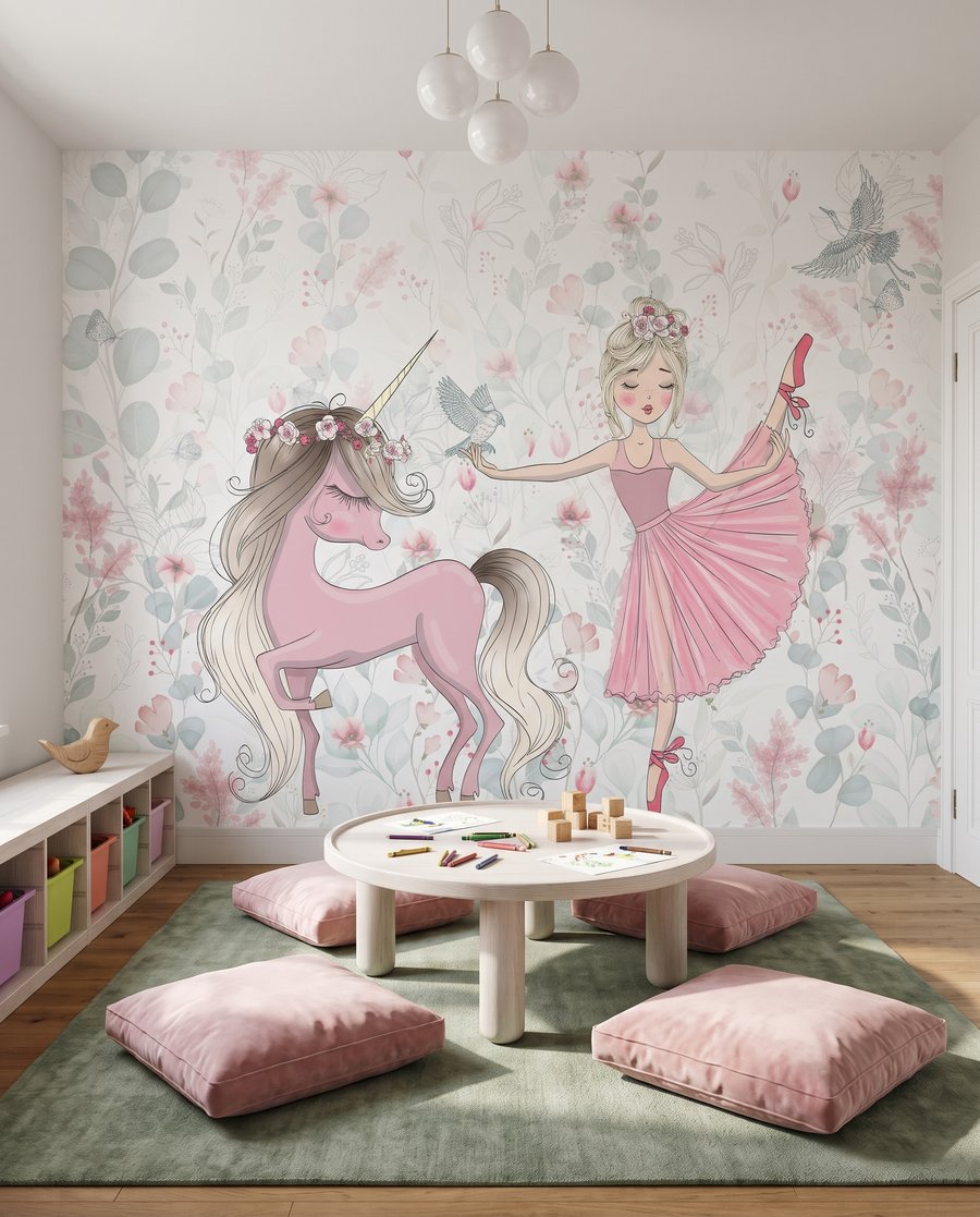 Balerină lângă unicorn într-un interior