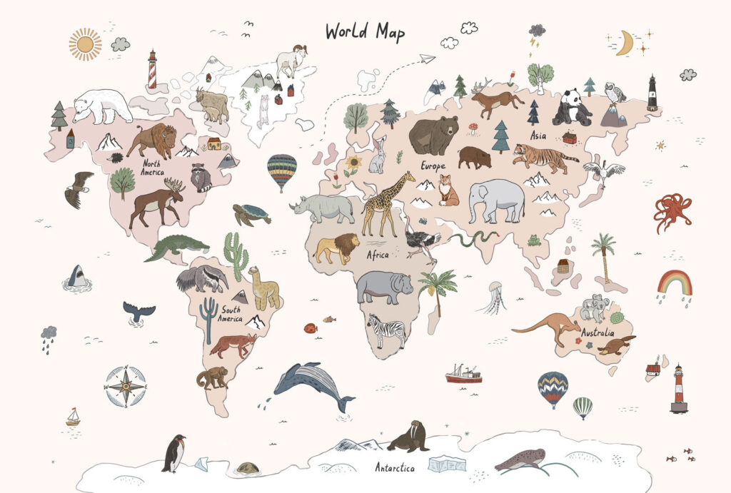 Animale desenate pe continente — design complet