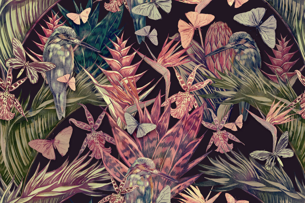 Papagali printre plante tropicale — design complet