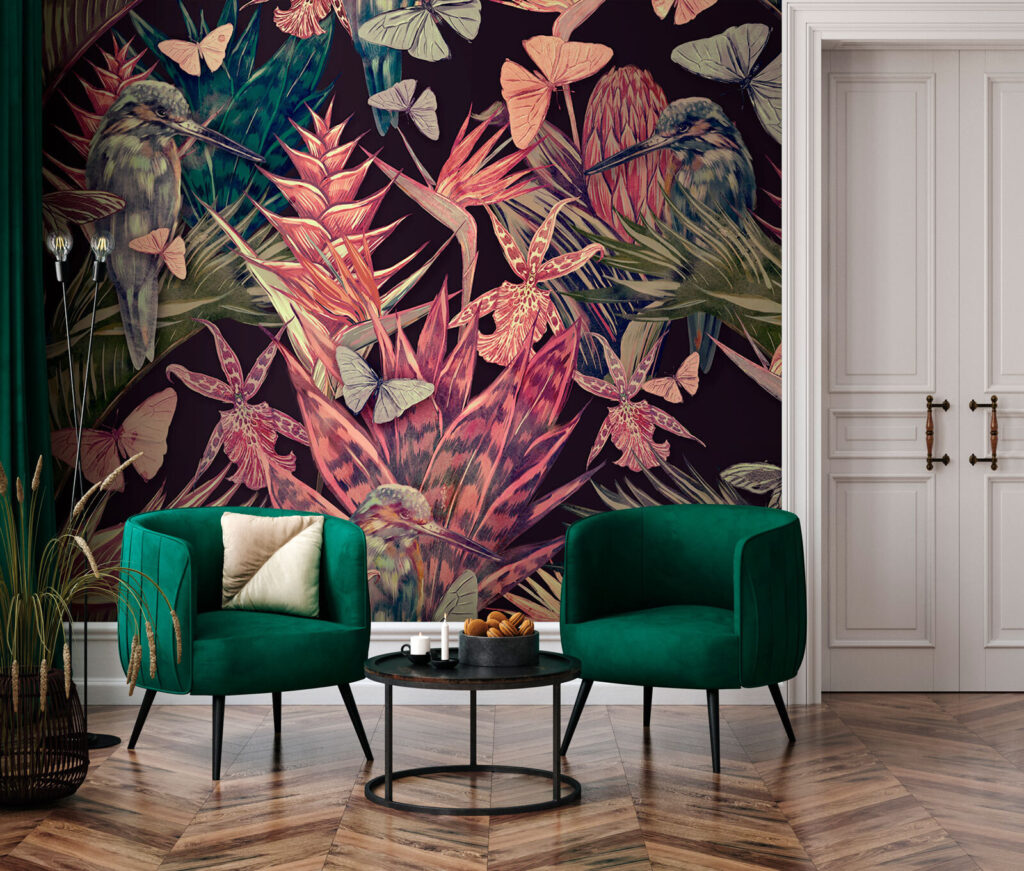 Papagali printre plante tropicale — interior 1