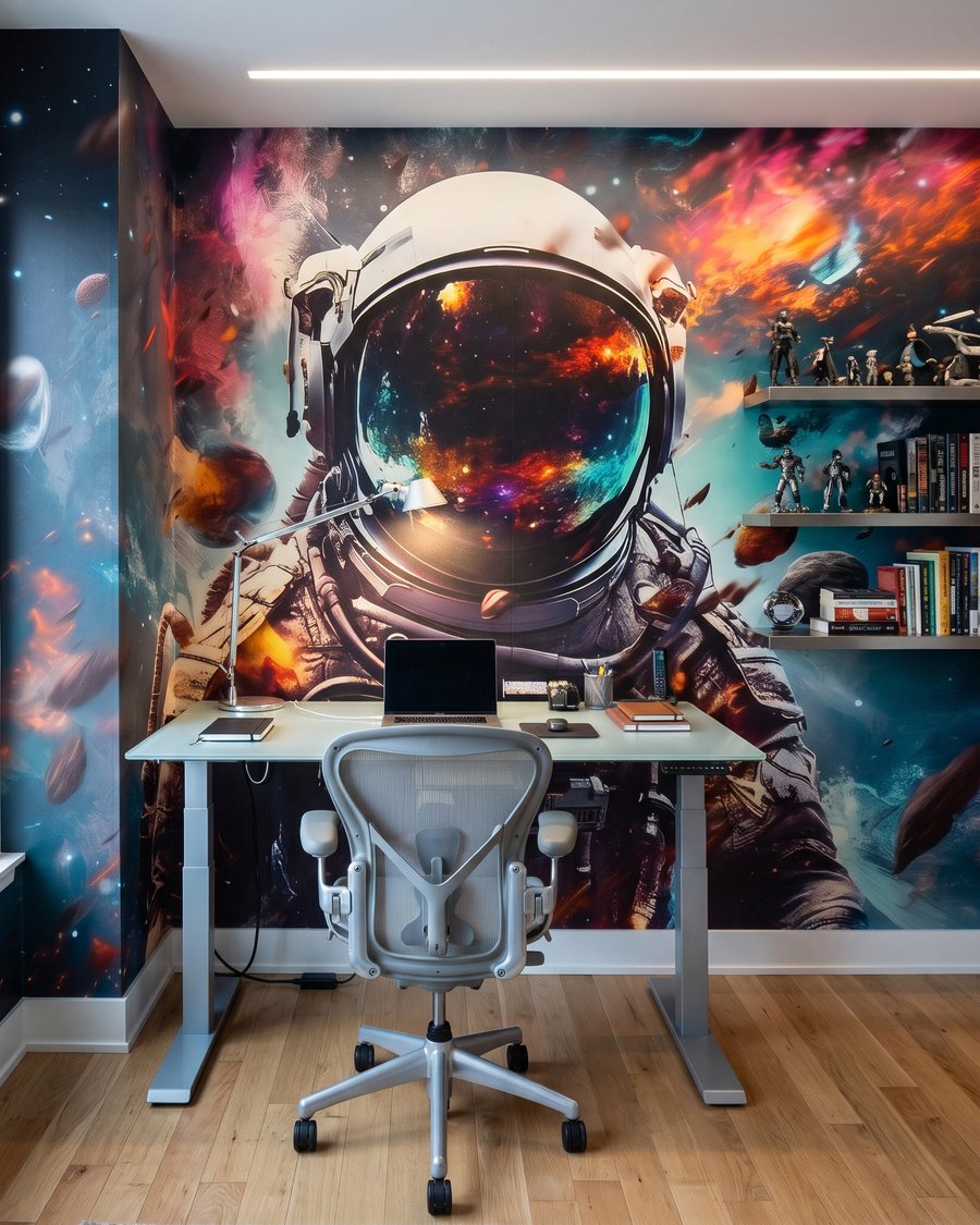 Astronaut cu vizor strălucitor într-un interior