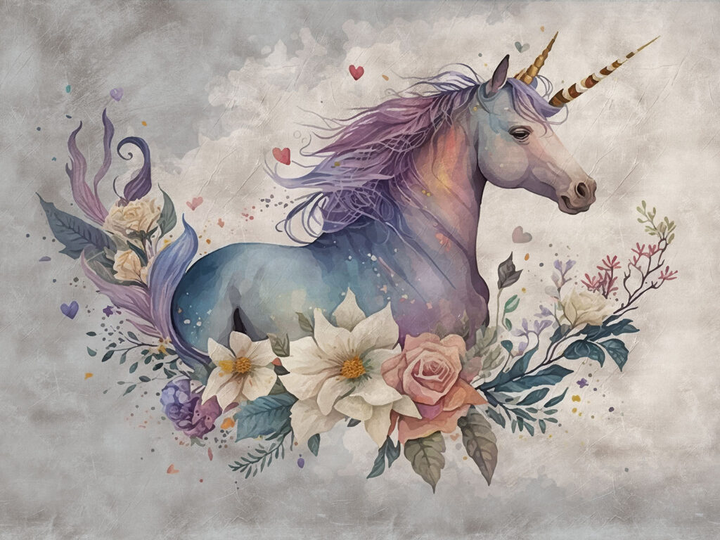 Unicorn mic între inimioare — design complet