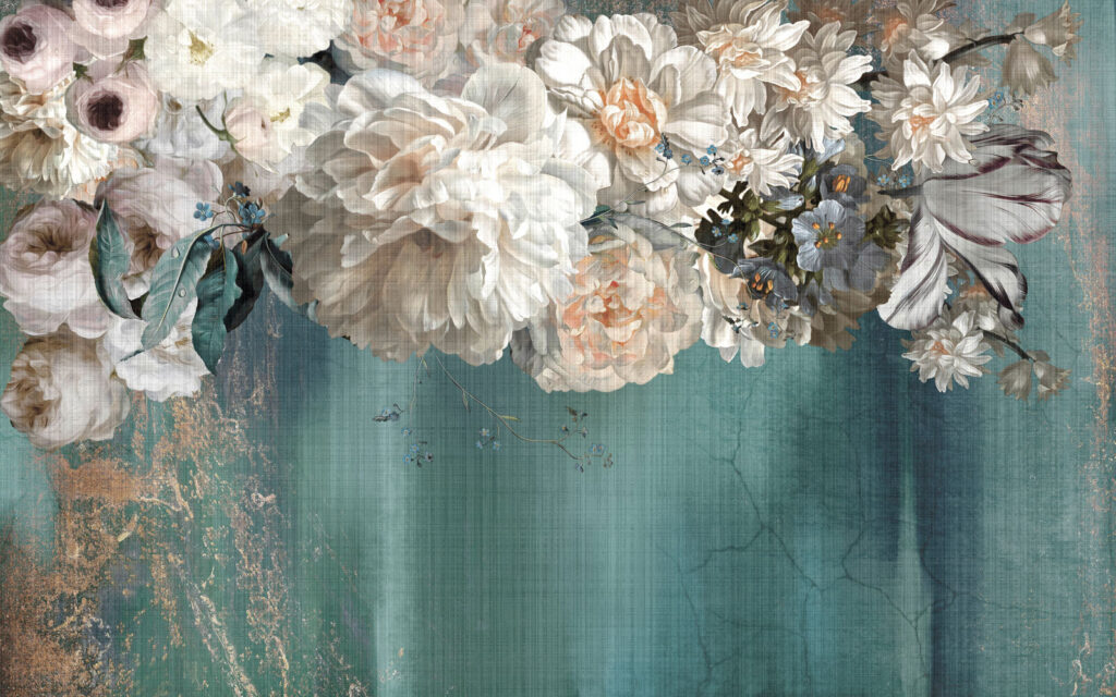 Flori albe peste turcoaz — design complet