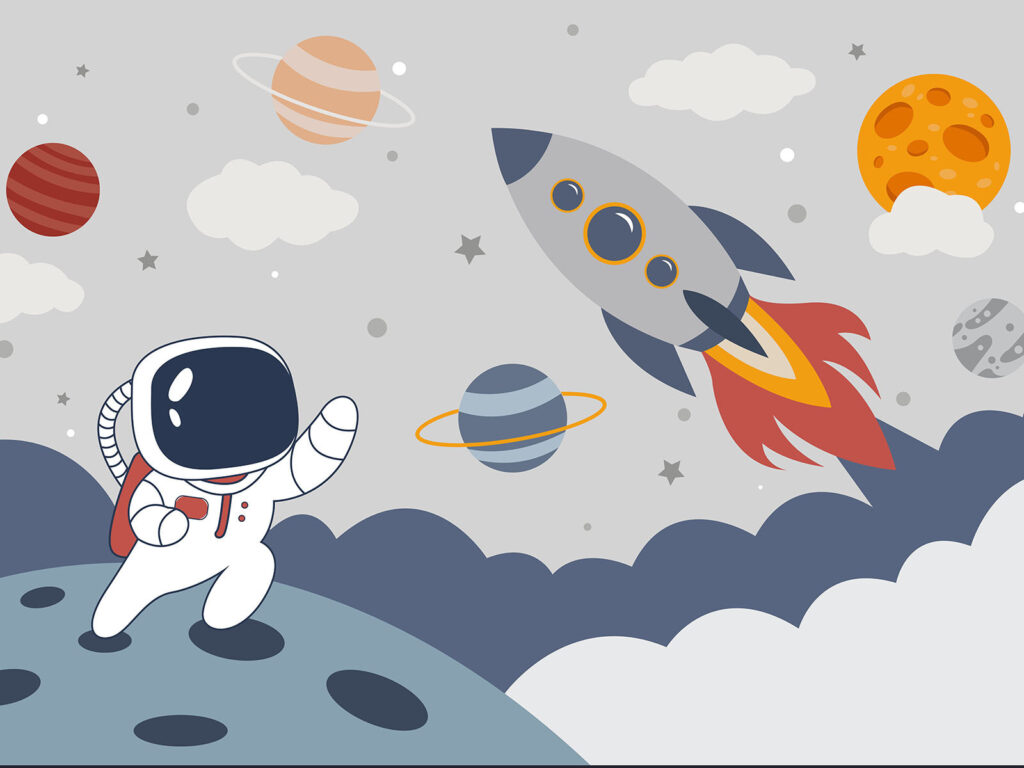 Rachetă lângă astronaut — design complet
