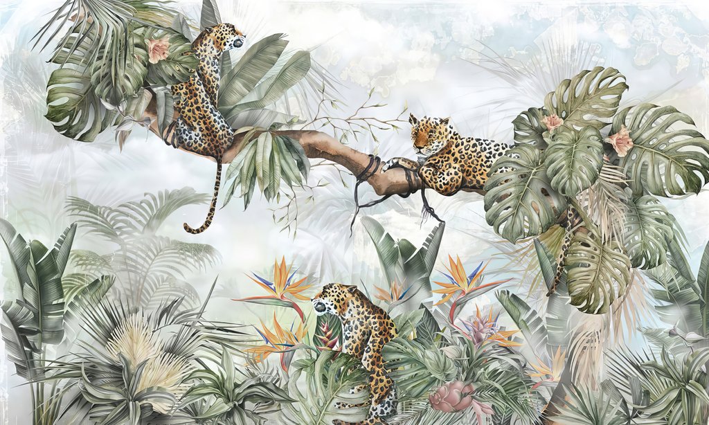 Leoparzi printre palmieri gri-verzui — design complet