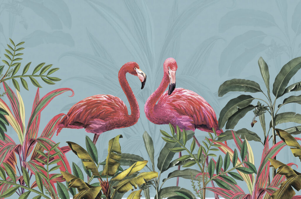 Flamingi printre frunze colorate — design complet