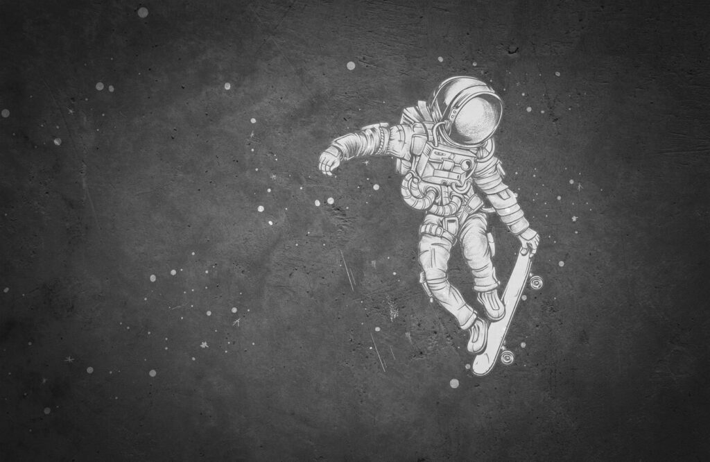Astronaut pe skateboard — design complet