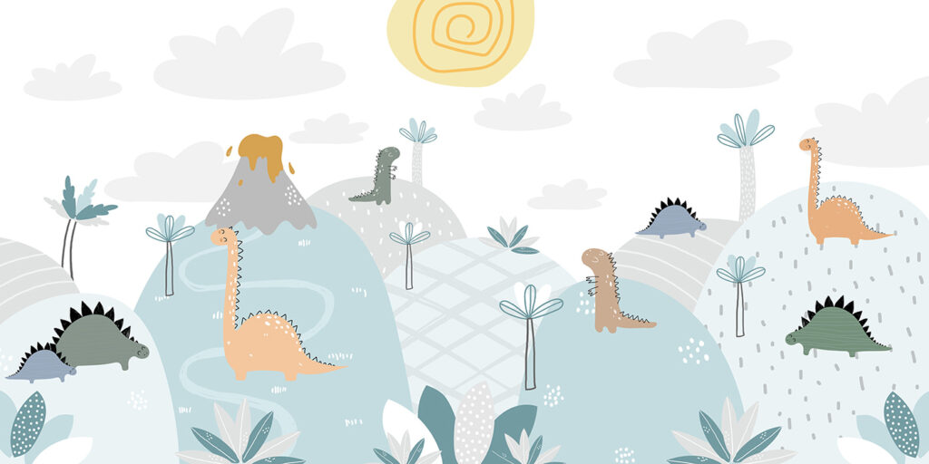 Dinozauri între vulcani pastel — design complet