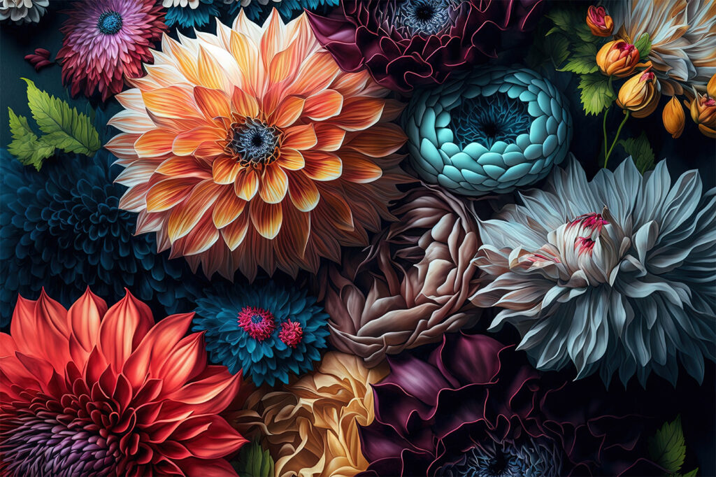 Dalii în umbră colorată — design complet